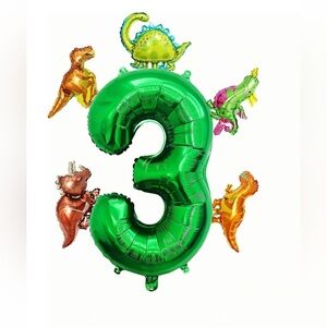 Dinosaur Number # 3,40 Inch Dark Green Foil Balloon and 5 Mini Dinosaurs Balloon